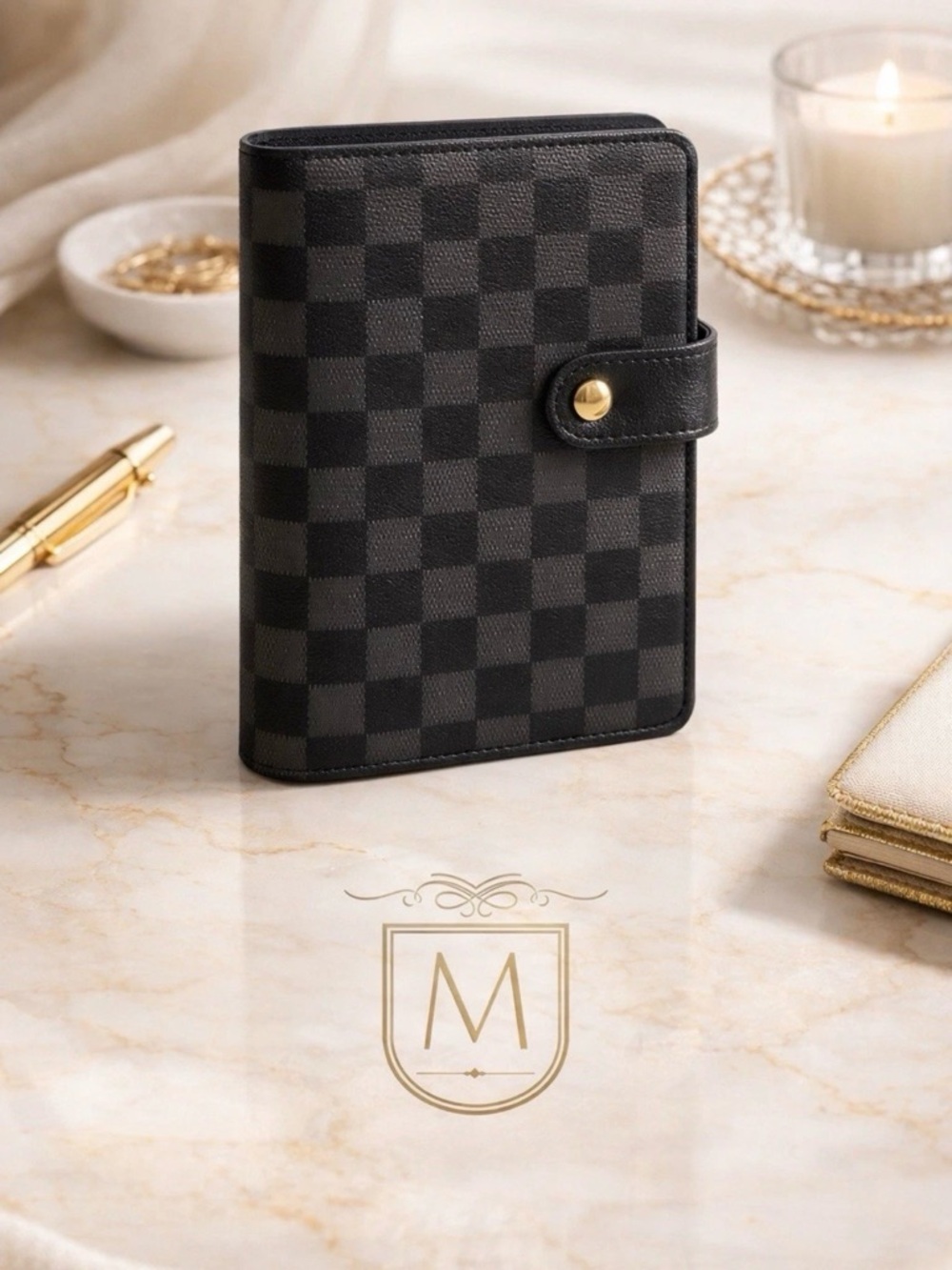 A6 Black Checkered Leather Travel Wallet with Snap Closure